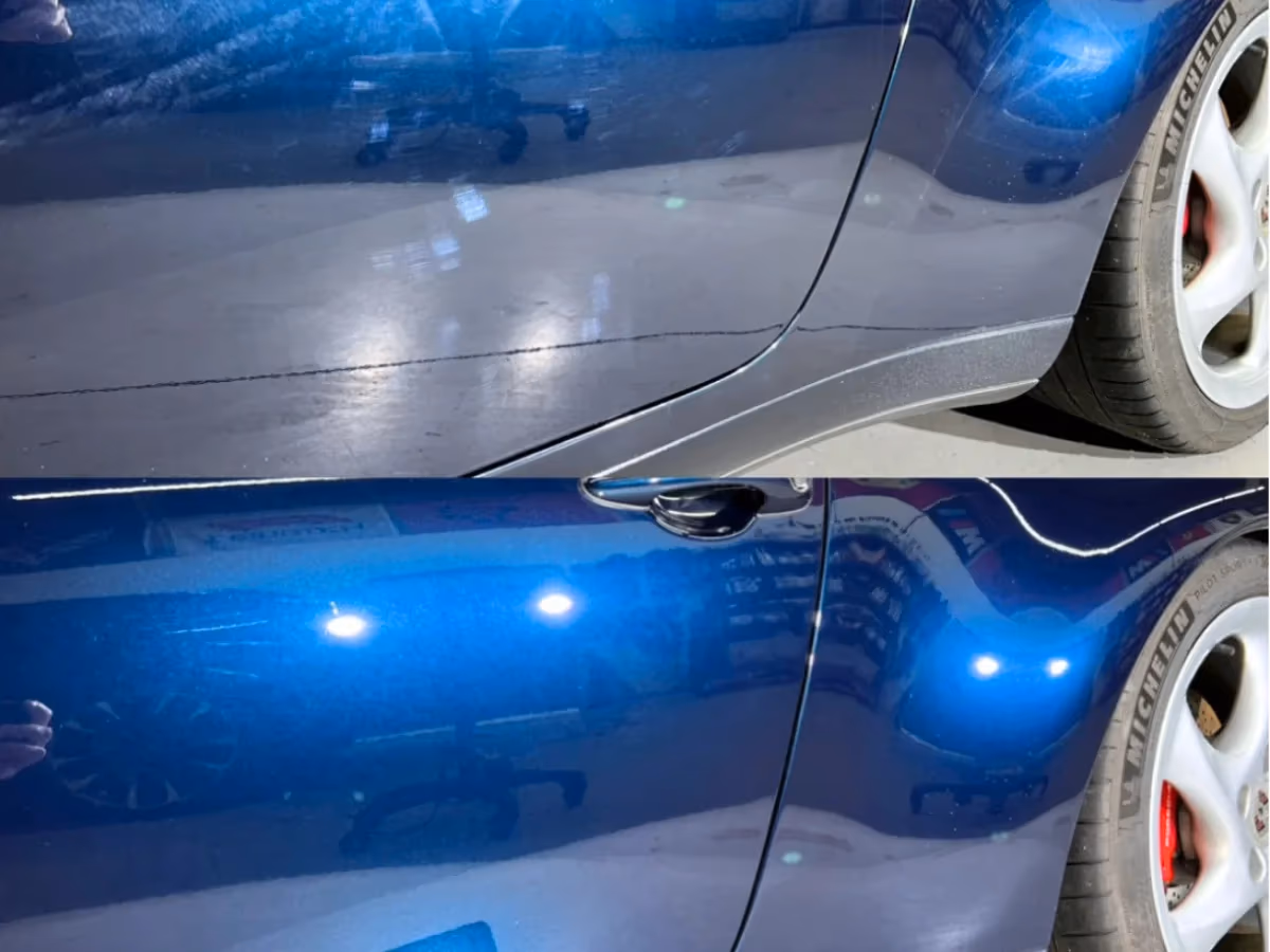 Blue paint shown before and after correction and ceramic coating